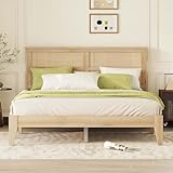 HRVEOCEI Boho Bed Frame Queen with Rattan Headboard, Rattan Bed Frame&Queen Beds Frames with Wood Legs, Solid Wood Beds Frames with Storadge Underneath,Easy Assembly (Oak White, Queens)