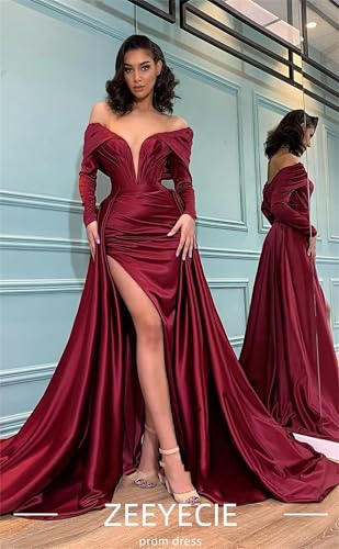 Zeeyecie V-Neck Satin Prom Dresses with Slit 3D Flower Beaded Sequin Sparkly Mermaid Long Evening Formal Ball Gowns3