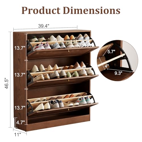 Image of KungFuWood Soild Wood Shoe Storage Cabinet with 3 Flip Drawers for Entryway,Narrow Shoe Rack Cabinet with Adjustable Shelves,Morden Hidden Shoe Organizer,Foyer, Hallway