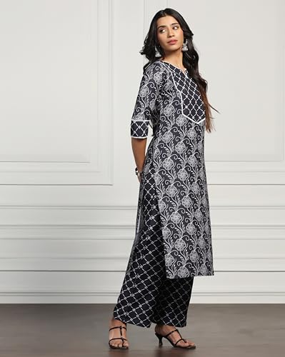 Tadkee Women's Round Neck Printed Kurta With Palazzo | Kurta Set For Women (Nx-Plazzo-Pair-Box-108-Navy-S)