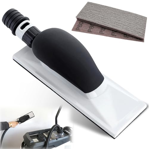 198 x 70 mm lijadora manual con aspiración, mango lijadora manual de extracción de polvo, bloque de esponja de lijado libre de polvo con 5 hojas de papel de lija de diferentes granos, P80, P120, P180,