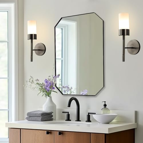 Image of ANDY STAR Black Octagon Bathroom Mirror, 22x30 Inch Stainless Steel Metal Frame, Anti-Rust, Shatterproof HD Glass, Wall Mounted for Bathroom, Bedroom, Living Room