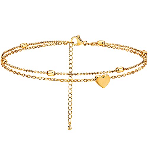 Kyerlyn Dainty Heart Bead Chain Anklet for Women 18k Gold Plated Layered Summer Beach Adjustable Ball Anklet Cute Tiny Simple Fashion Foot Jewelry Gift for Her