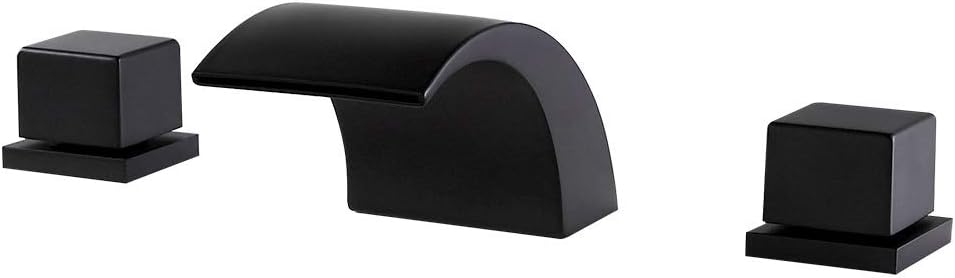 Waterfall Widespread Bathroom Sink Faucet 2 Handle 3 Hole Black Matte Basin Mixer Tap with Double Square Knobs, Solid Brass