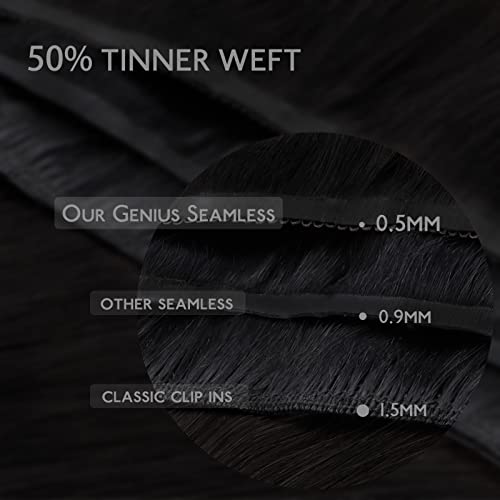 Image of WENNALIFE Lace Seamless Clip in Hair Extensions Human Hair 7pcs Ultra Invisible 50% Thinner Seamless Clip Ins Jet Black Natural Remy Hair 14 inch
