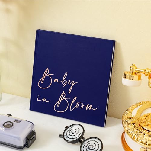 Image of Calculs Baby in Bloom Baby Shower Guest Book, Navy Blue | 8.5-inch square hardcover keepsake book, 32 blank sheets for messages and instant photos, pen included
