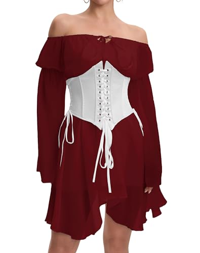 Image of Womens Corset Dresses Off Shoulder Bell Sleeve Casual Party Fairy Two Piece Outfits Bustier Dress