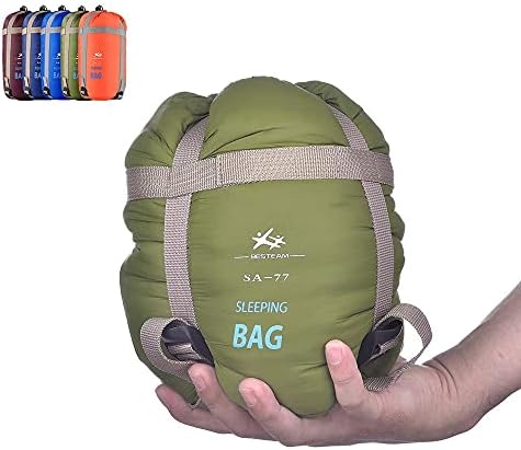 BESTEAM Warm Weather Sleeping Bag - Portable, Waterproof, Compact Lightweight, Packable with Compression Sack for Camping Backpacking Hiking, for Kids, Teens Adults - Spring Summer Fall(Army Green)