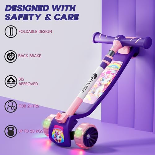 Image of Konex Kick Scooter for Kids (2+ Years) | 3 Broad Rubber Wheels for Smooth Ride | 4-Level Height Adjustable Handle | Foldable & Portable with Back Brake (Pink-Purple, LED)