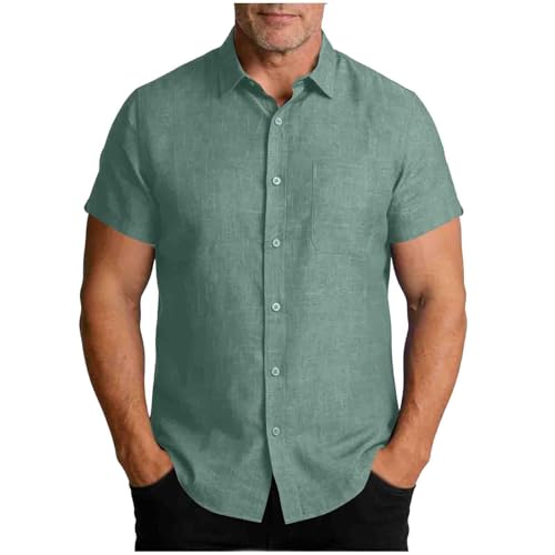 Image of Mens Dress Shirts Lapel Button Down Shirt Linen Short Sleeve Tops with Pocket Solid Color Classic Regular Fit Blouses Men's Business Casual Office Shirts Summer Holiday Shirt