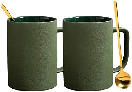 fMBB Coffee Mugs Matte Frosted Porcelain Tea Cup Restaurant Drinking Cups with Long Handle Small Spoons, Set of 2, Gift for Office Staff or Home Using, Safe for Microwave & Dishwasher, Green/Gold