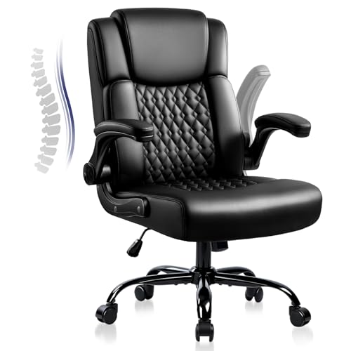 OFIKA Leather Office Desk Chair,Ergonomic Office Chair with Lumbar Support,Computer Chair,Executive Leather Chair with Padded Flip-up Arm,Adjustable Armrests, Black,275LBS