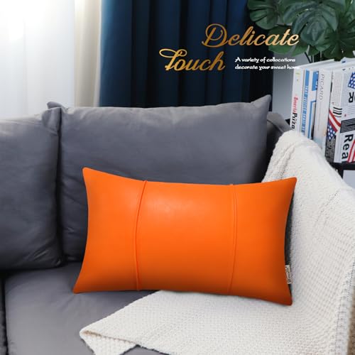 Image of BRAWARM Orange Leather Throw Pillow Covers 12 X 20 Inches - Faux Leather Lumbar Pillow Cover with Piping, Hand Stitched Leather Throw Pillow for Couch Sofa Bed Living Room Home Decorative