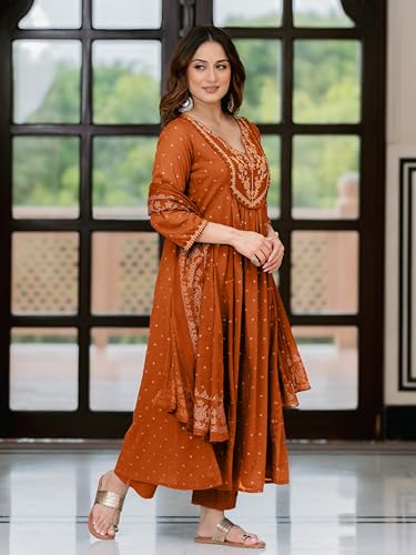 Image of Arayna Women's 100% Pure Cotton Anarkali Kurta Set with Pant & Dupatta | Embroidered Flared Kurta | Elegant Ethnic Suit