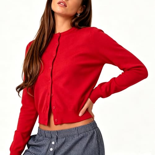 Image of Women's Y2K Lightweight Button Down Long Sleeve Casual Crew Neck Soft Knit Fall Cardigan Sweater Tops