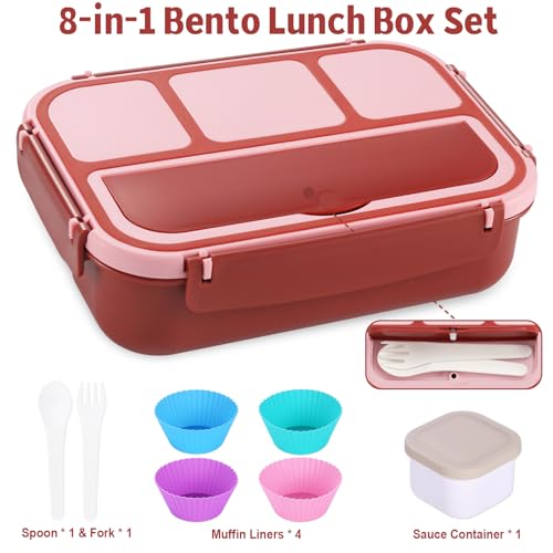 Image of shell and turtle Bento Box Adult Lunch Box, Lunch Containers for Kids Girls Boys with 4 Compartments, Lunchable Food Container with Utensils, Sauce Jar, Muffin Liners, 40 Oz /5 Cup, Retro Red