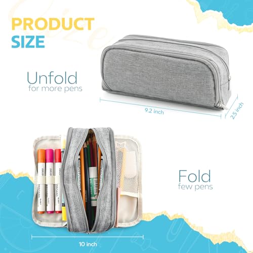 Image of Large Capacity Pencil Case Pencil Pouch Pen Bag with 3 Compartment Stationery Organizer with Zipper, School Supplies Organizer for Teen Adults (Grey)