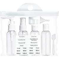 Neceser Botes De Viaje Rellenable Transparente Avión- Kit De 5 Botellas Rellenables 11·80·100ml- 2 Accesorios Para Rellenar De Gel Champú Y Crema- 20x20cm
