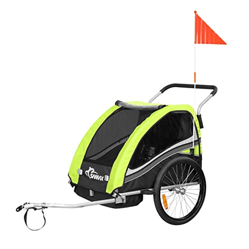 SAMAX Fahrradanhänger Jogger 2in1 360° drehbar Kinderanhänger Kinderfahrradanhänger Transportwagen vollgefederte Hinterachse für 2 Kinder in Grün - Black Edition
