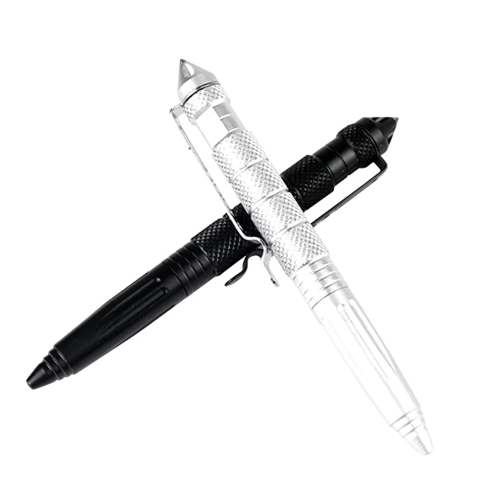 Lot de 2 stylos tactiques multifonctions avec tête en acier tungstène - Outil EDC - Cadeau pour homme (argenté + noir)