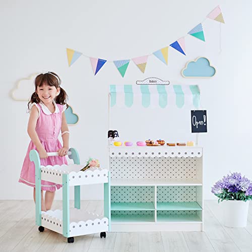 Image of Teamson Kids My Dream Bakery Shop Dessert Stand and Rolling Pastry Cart Interactive Wooden Play Set with 18 Pretend Baked Goods, White and Mint Green with Gray Polka Dot Accents