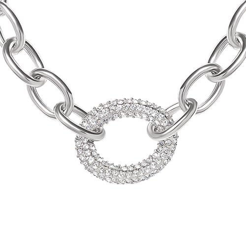 Jessica Simpson Chunky Necklace for Women, Silver-Tone Thick Chain Necklace with Crystal Pendant, Silver Jewelry