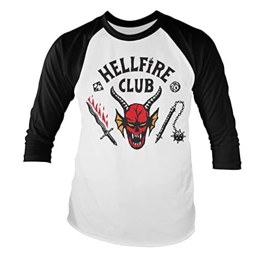 Stranger Things Licenciado Oficialmente Hellfire Club Baseball Long Sleeve Manga 3/4 Camiseta (Blanco-Negro), Medium