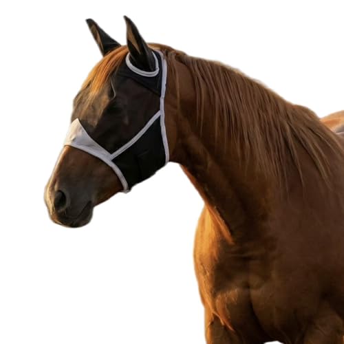 Masque Anti Mouche Cheval, Bonnet Anti Mouches Noir pour Chevaux avec Oreilles, Modèle One Piece, Maschera per Occhi in Maglia Traspirante per il Viso, Protection Anti-Tau pour Chevauxr (L)
