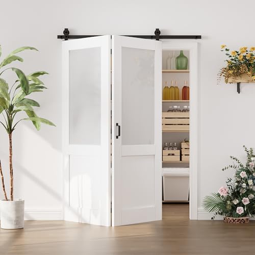 Image of 60 inchx80 inch Bifold Barn Door and 64 inch Track Kit, Upper Glass, Lower Panel Design