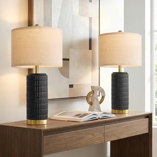 PoKat 25 Black Ceramic Table Lamps Set of 2 with Gold Base for Bedroom Living Room Farmhouse Matte-Textured Bedside Lamps for Nightstand Sideboard End Table with Stone-Like Design (Matte Black)