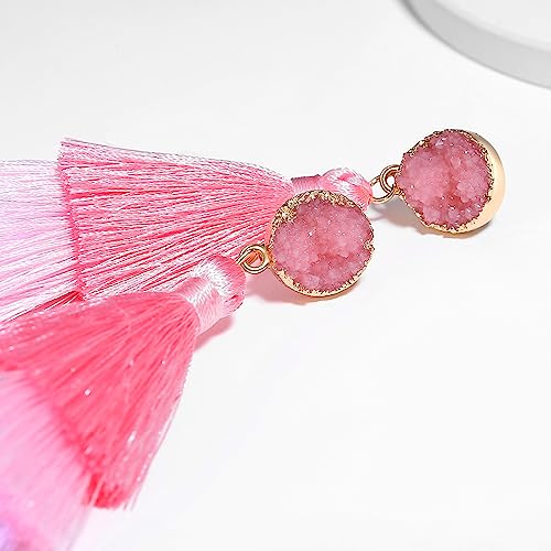 Big Light Pink Earrings for Women Dangling Pale Pink Ombre Tassel Dangle Earrings for Female Fun Statement Boho Chunky Drop Earrings for Prom Formal Wedding Stainless Steel Studs - Thumbnail 6