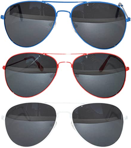 Image of OWL Set of 3 Pack Aviator Style Sunglasses Colored Metal Frame Mirror Lens Smoke Lens