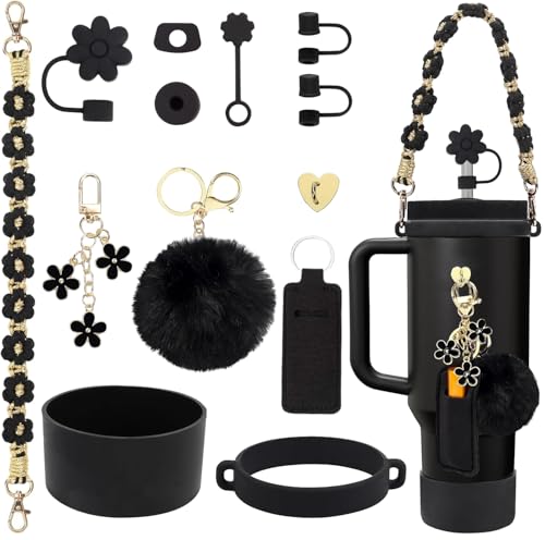 3tyto 13 Pcs Stanley Cup Accessories Set Including Water Bottle Handle Strap Siliocne Stanley Cup Boot Siliocne Straw Cover Stanley Charms for Stanleys Cup 40oz & 30oz Tumbler (Black Gold)