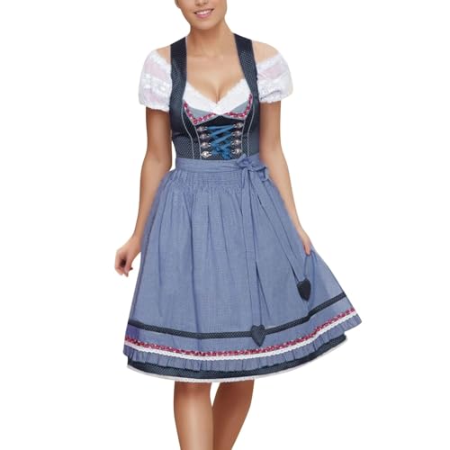 Vestido tirolés elegante con delantal de encaje fino y falda bávara de cuadros
