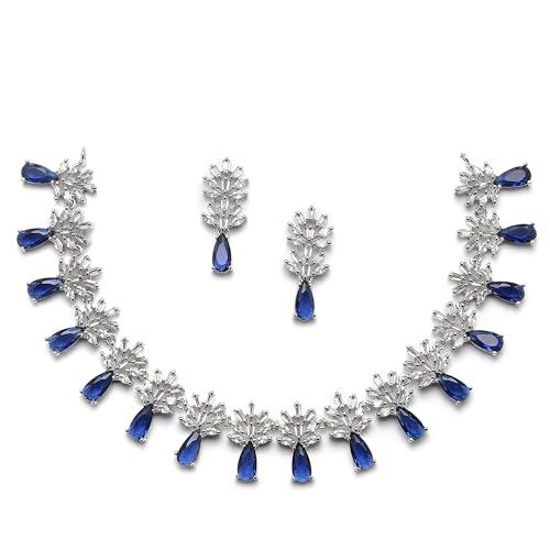 Image of ZENEME Rhodium-Plated American Diamond Necklace Set with Earrings for Girls Silver Toned Floral AD Jewellery Set For Womens