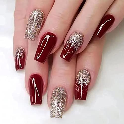 Mlovew 24 Pcs Press On Nails Medium,Glitter Gold Powder French Ballerina Fake Nails Full Coverage Acrylic Wine Red Glossy Nail Tips Nail Art,Nail Kit For Women And Girls #TOP18