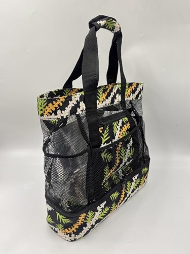 Mesh Beach Tote Bag with Tropical Floral Print, Black with Orange and White Flowers, Large Capacity2