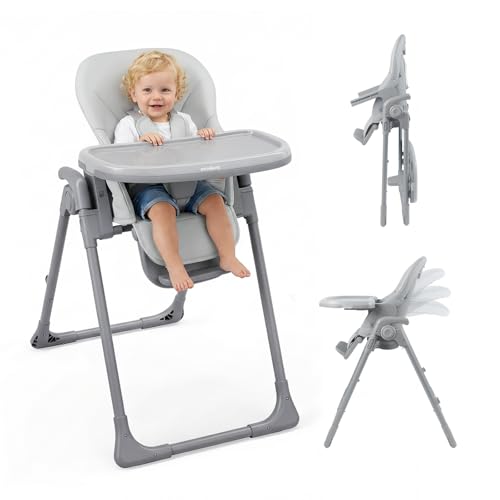 Minikins High Chair, Foldable High Chairs for Babies and Toddlers, Adjustable Height, Backrest and Footrest, Removable Tray, Gray