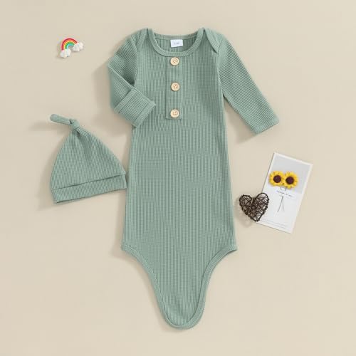 BULINGNA Newborn Baby Boys Girls Knotted Gown with Hat Set, Unisex Infant Nightgown with Mittens Sleepwear One Piece Pajamas2