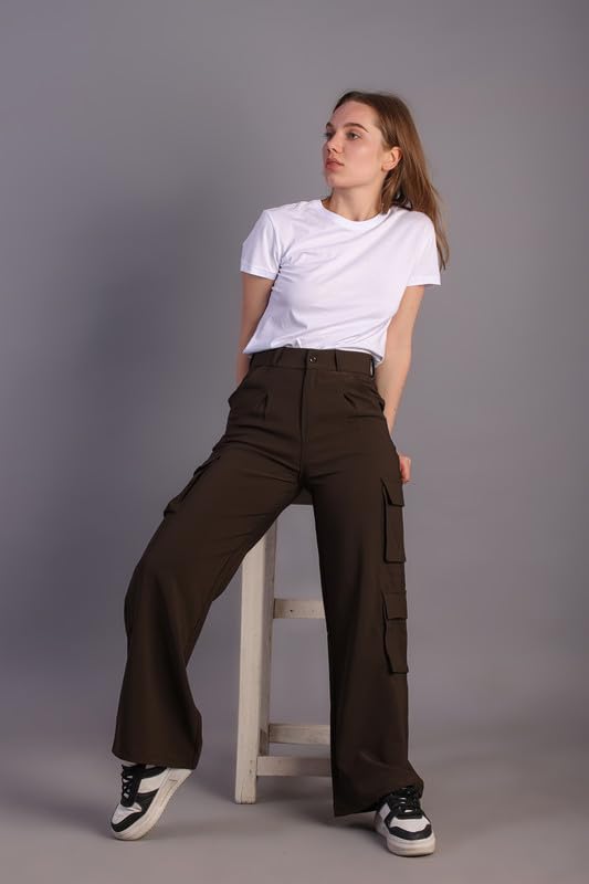 Image of HIGH Buy Women Korean 5 Pocket Cargo Comfort and Styles Baggy Super Lycra Pants for Women and Girls - Perfect High Waist Trousers for Women
