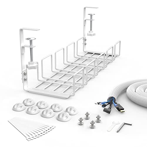 KOXXUD Kabelmanagement Schreibtisch Ohne Bohren Kit, Kabelkanal Schreibtisch Klemmbar Untertisch, Kabel Management Organizer Tray zum Verwalten von Kabeln und Steckdosenleisten (Weiß,1PCS)