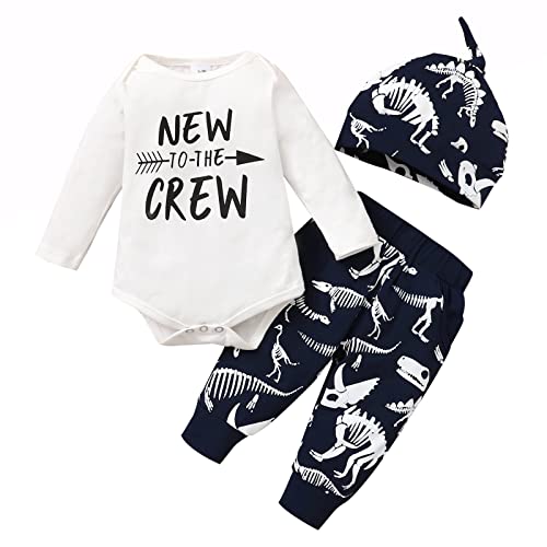 Kleinkind Baby Jungen Dinosaurier Kleidung Set Lustige Brief Print Bodysuit Strampler + Hose + Hut 3PCS Outfits Weiß 3-6 Monate Cover