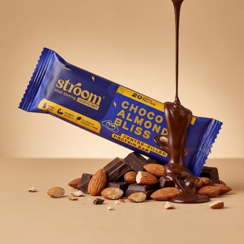 Image of STROOM Centre Filled Protein Bar Cookie Crunch & Choco Almond Combo | 2 box Cookie Curnch + 1 box Choco Almond | Source of Iron & Calcium, Natural Antioxidants, 5 Bars per pack, 63g Each Bar