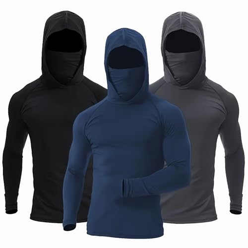 3-Piece Athletic Hooded Shirts Set, Long Sleeve Performance Tops with Built-in Face Cover, Black Navy Gray