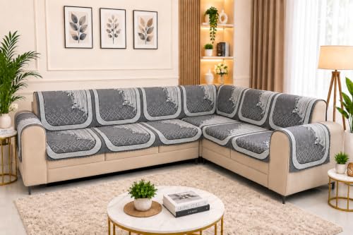 Image of Printed 7 Seater L-Shape Sofa Cover with Arm Covers, Quilted Texture, Sectional Couch Protector for Living Room-Pack of 15 (Grey Vine)