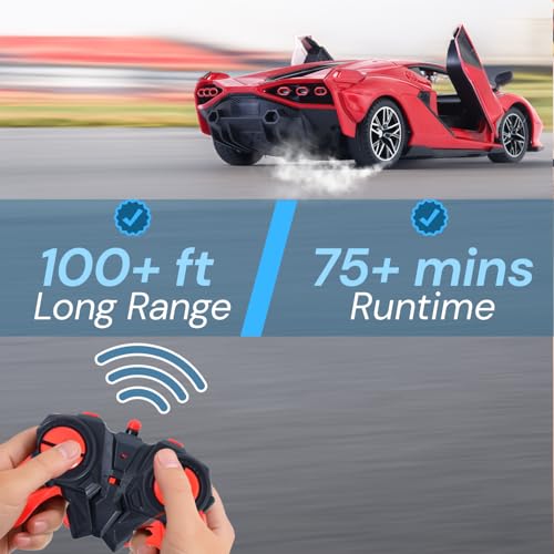 Image of Popsugar Door Opening Remote Control Car|Rechargeable 1200mAh Lithium Battery|C-Type Charging|75-Min Runtime|2.4G Long Range Remote (100+ ft)|HighSpeed RC Car|Gift for Kids|Made in India (Red)