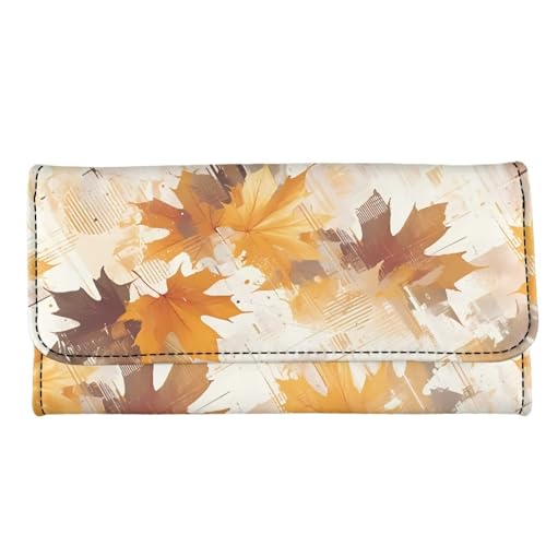 Brown Maple Leaves Women Wallet Slim Long Trifold Clutch Wallets, Modern Art Painting Leaf PU Leathers Checkbook Purse, Beige Credit Card Holder with Zipper Pocket3