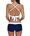 Zando Push Up Two Pieces Bikini with Boyshort Athletic V Neck Swimsuit Vintage Halter Back Swimwear Bathsuit for Women Flattering Navy Blue White XL (US 10-12)