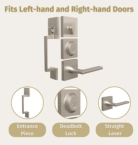 Image of Mega Handles - TOBELLE Silver Entry Door Handleset - Single Cylinder Handleset with Lever for Entrance and Front Doors - Modern Door Handles for Left and Right-Handed Doors - Straight Handle