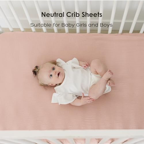 Image of MairMore 2 Pack Muslin Baby Crib Sheets, 52 x 28 in Fitted Bed Sheets | Soft & Durable, 100% Cotton Breathable Elastic Neutral Standard Sheets Set for Toddler, Newborn, Infants, Girls, Boys